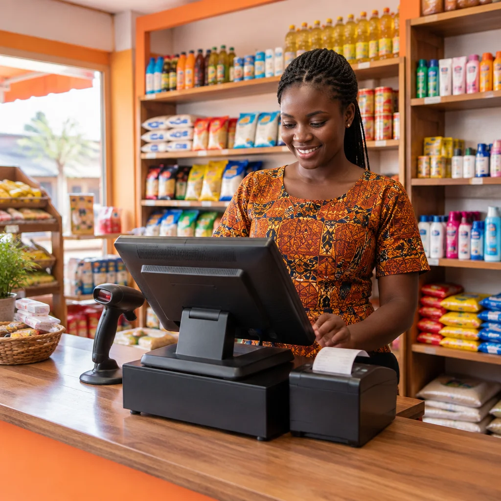 Caisse en boutique Commerçante encaissant une vente sur une caisse tactile avec imprimante de tickets et scanner de codes-barres